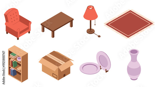 Stylish isometric home furniture and decor set with armchair, table, and lamp
