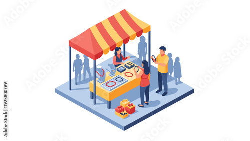Isometric street market stall with people buying jewelry