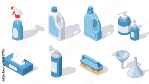Isometric cleaning supplies collection with detergents and tools on white background