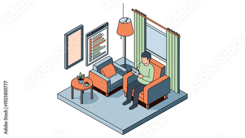 Cozy living room isometric design featuring man using smartphone