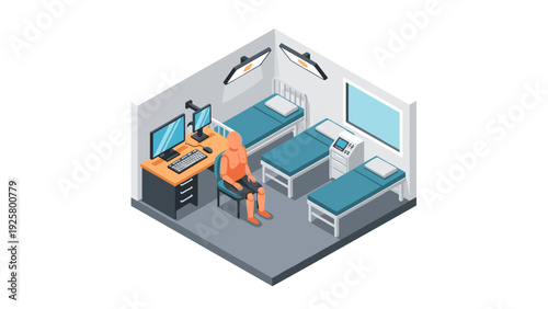 Isometric hospital room with patient and medical equipment in modern design