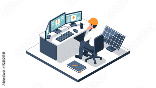 Renewable energy engineer at work in modern office with solar panel and computers