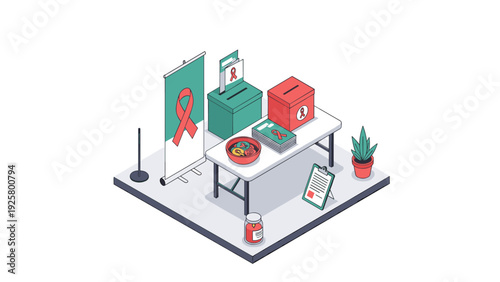 Isometric charity donation setup with red ribbon and collection boxes
