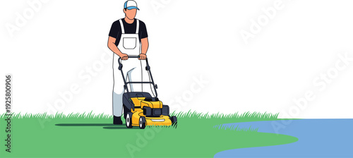 Professional gardener mowing green grass with yellow lawnmower vector illustration, man in overalls working on backyard landscaping isolated on white background for garden service