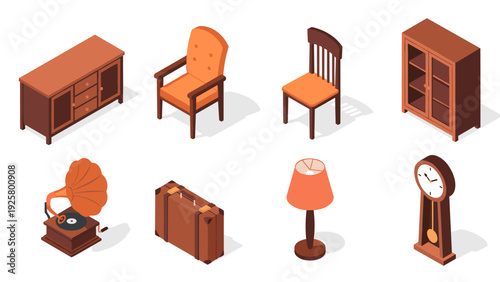 Retro isometric furniture set: vintage interior elements for classic home decor