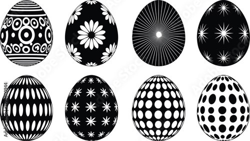 Set of black and white decorated Easter egg silhouettes with various patterns including flowers, stars, and geometric dots isolated on white background for holiday design