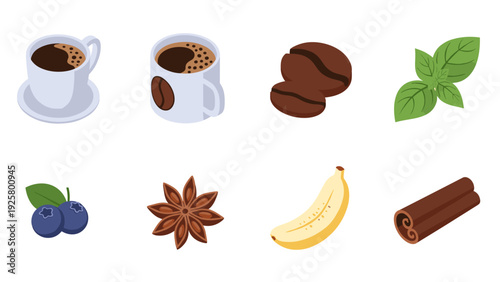 Coffee moments: cups and ingredients in flat design