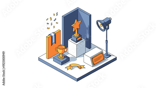 Isometric trophy showcase with spotlight and award elements