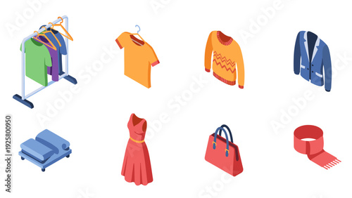 Isometric clothing collection: casual and formal apparel icons