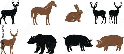 Set of black and brown wildlife silhouettes featuring deer with antlers, horse, bear, rabbit, and pig isolated on white background for nature and farm design