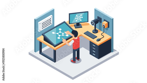 Isometric design of a high-tech lab with interactive digital screens and monitors