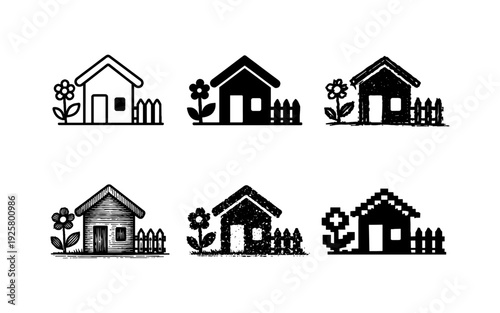 Collection of six stylized house icons with flowers and fences in various artistic styles