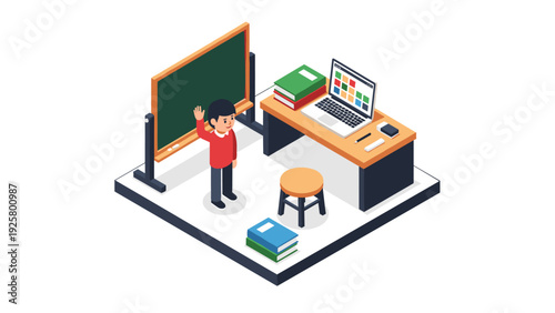 Isometric classroom scene with child, blackboard, and desk