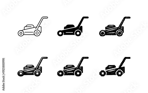 Collection of lawn mower icons in various styles, from line art to pixelated