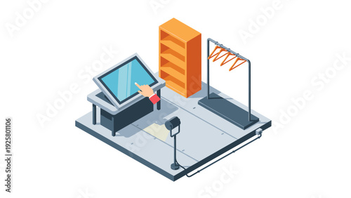 Isometric retail display with touchscreen and modern fixtures