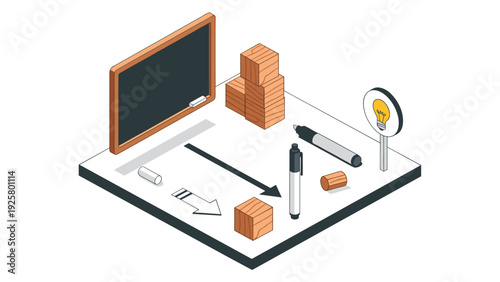 Creative workspace elements with chalkboard and light bulb in isometric style