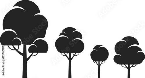 Set of black deciduous tree silhouettes in various sizes and shapes isolated on white background for nature landscape design and environmental conservation projects