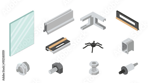 Isometric metal and glass hardware collection for architectural design projects