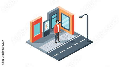 Isometric urban scene with person wearing vr headset on city sidewalk