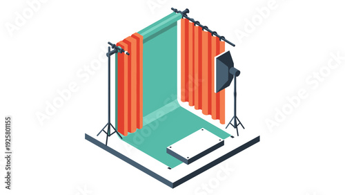 Isometric photography studio setup with lighting and backdrop