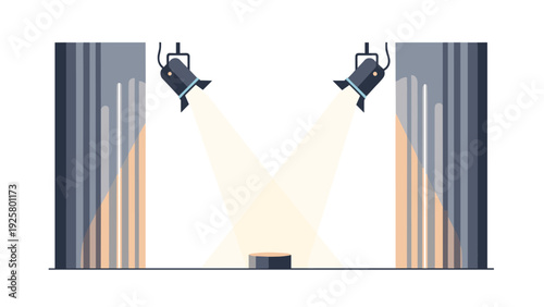 Minimalist theater stage with spotlights and curtains