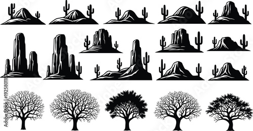 Set of black desert landscape silhouettes featuring sandstone buttes cacti and canyons with detailed deciduous tree outlines isolated on white for nature graphic design