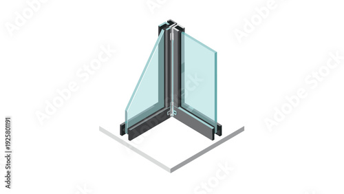 Isometric glass partition corner with silver frame on white background