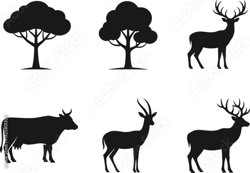 Set of black silhouettes featuring deciduous trees, male deer with large antlers, dairy cow, and wild antelope isolated on white background for nature design