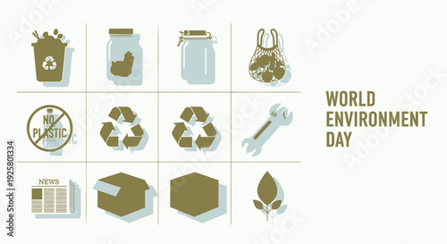Environmental icons vector set. Includes recycling, eco-friendly, sustainability, conservation symbols. Created in minimalist style with brown and green palette.
