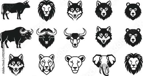 Set of black wild animal mascot logos and head silhouettes including lion wolf bear elephant and bull isolated on white for sports team branding