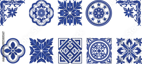 Set of blue and white ceramic tile patterns in Mediterranean azulejo style, ornamental floral and geometric mosaic elements for kitchen backsplash and bathroom floor design