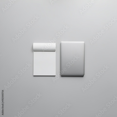 Top View Minimalist Stationery Mockup with Square White Paper and Two Laptops on Gray Background