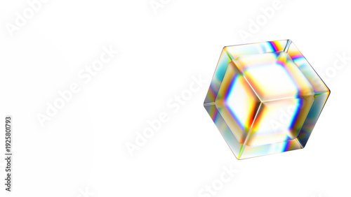 Abstract 3D Crystal Cube with Rainbow Refraction and Iridescent Prism Effect on White Background