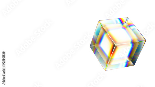 Minimalist 3D Iridescent Glass Cube with Rainbow Prism Refraction on Pure White Background