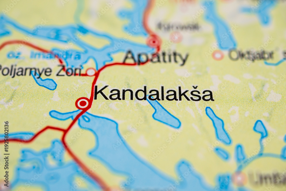 Naklejka premium Detailed road map close up of Kandalaksha in northwest Russia.