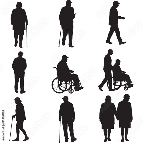 A collection of silhouettes depicting elderly people with various mobility aids and companions
