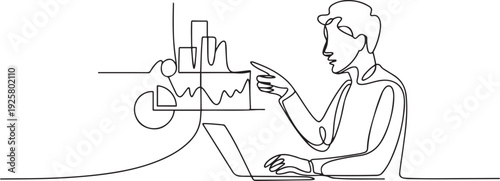 Person with graphs and charts in continuous one line art style. Data analysis concept. one line art icon drawing vector