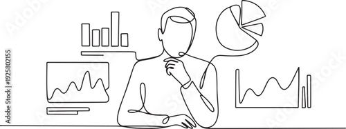 Person with graphs and charts in continuous one line art style. Data analysis concept. one line art icon drawing vector