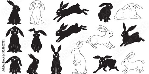 rabbit,hare silhouette flat design for woodland creature set vector graphic for children’s book cutout