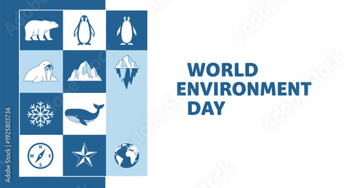 World Environment Day icon set. Includes polar bear, penguin, whale, earth, leaf, tree, recycling, globe icons. Created in flat style with blue and white palette