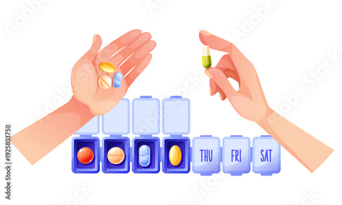 A weekly pillbox for pills and medications, a human hand holding, sorting, and distributing pills. A plastic pill organizer box, top view.
