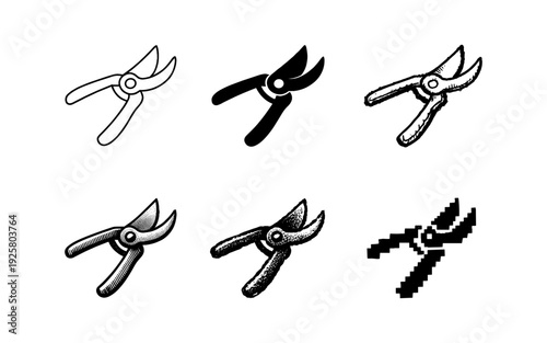 Collection of six different styles of pruning shears, from line art to pixelated