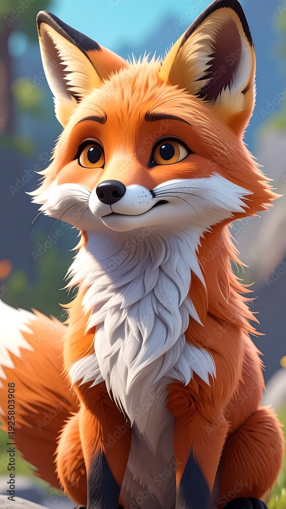Fototapeta premium Stylized, adorable orange fox with big eyes sitting in a blurred outdoor landscape