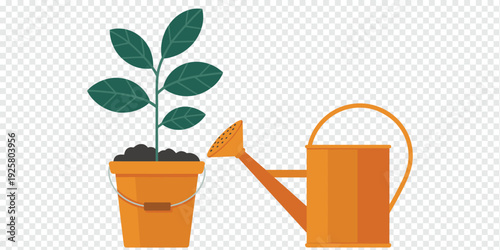 Potted Plant Watered with Orange Can Isolated on Transparent Background Gardening Care Concept
