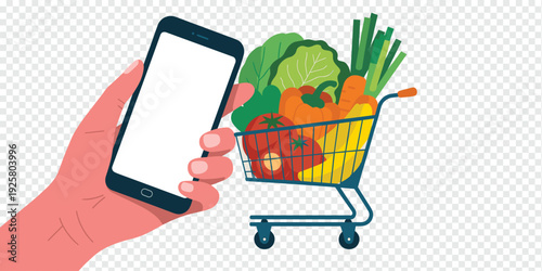 Hand Holding Smartphone with Vegetable Cart Isolated on Transparent Background Online Grocery Shopping Concept