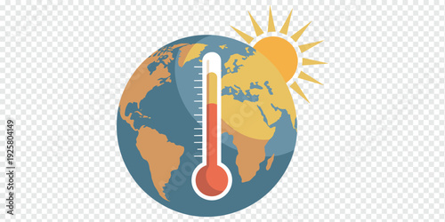 Rising Global Temperature with Thermometer and Sun Isolated on Transparent Background Climate Change Concept