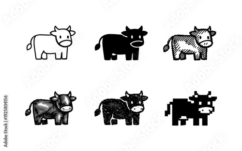 Collection of six different cow icons in various artistic styles and textures