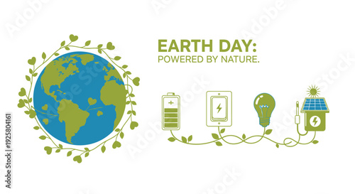 Earth Day eco-friendly icon set, 5 icons. Includes globe, battery, smartphone, light bulb, and house with leaves. Created in flat style with green and blue colors.