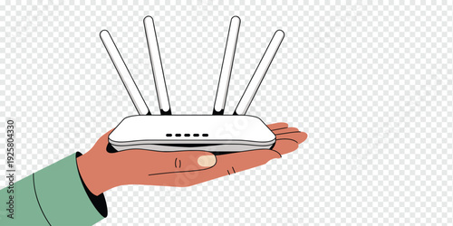 Hand Holding Wireless Router with Antennas Isolated on Transparent Background Internet Connectivity Concept