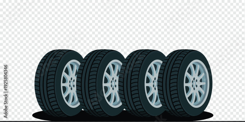 Four Car Tires with Silver Rims Isolated on Transparent Background Automotive Equipment Concept